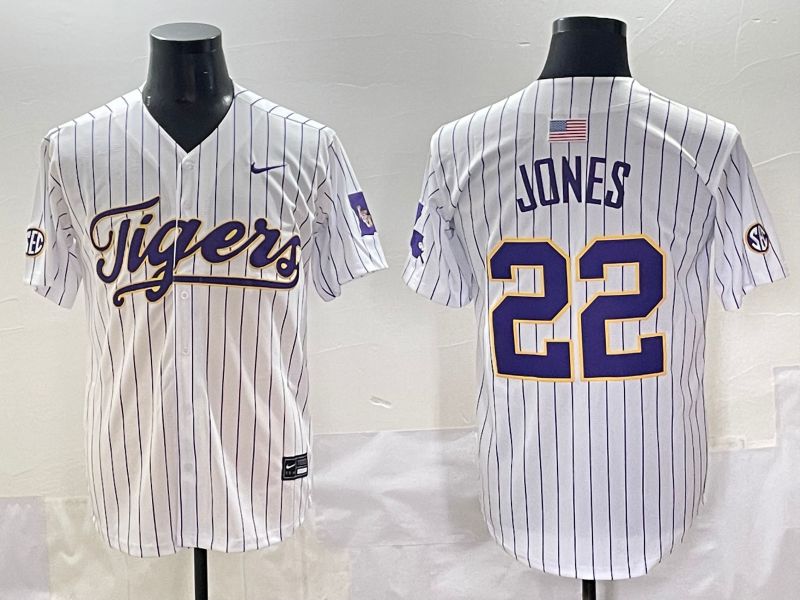 Men 2025 LSU Tigers #22 Jones White Stripe Nike Joint Name Nike NCAA Jersey style 1->ncaa teams->NCAA Jersey